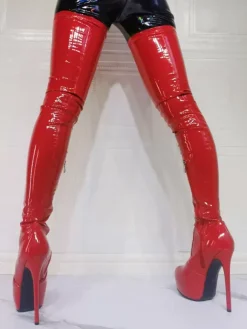 Plus Size Platform Stiletto Heel Thigh High Heel Boots in Red Patent Bright Leather