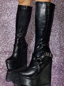 Plus Size PU Leather Wedge Heel Knee-High Boots