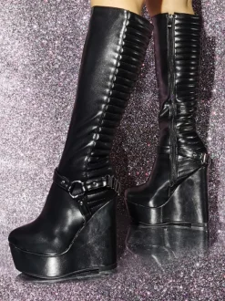 Plus Size PU Leather Wedge Heel Knee-High Boots