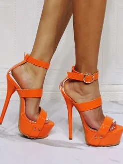 Plus Size T Straps Platform Stiletto Prom Heel Sandals in Orange