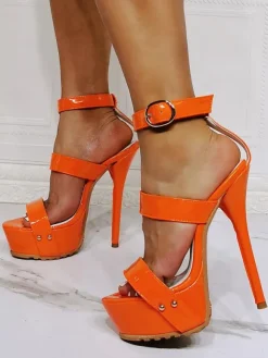Plus Size T Straps Platform Stiletto Prom Heel Sandals in Orange