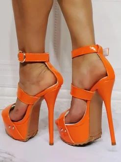 Plus Size T Straps Platform Stiletto Prom Heel Sandals in Orange