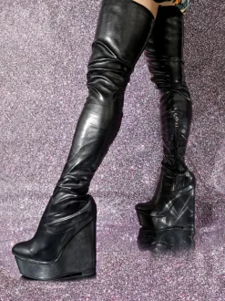 Plus Size Wedge Heel Thigh High Boots PU Leather