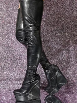 Plus Size Wedge Heel Thigh High Boots PU Leather
