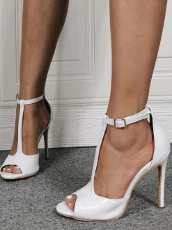 Plus Size White T-Strap Heels Peep Toe Stiletto Heel Sandals