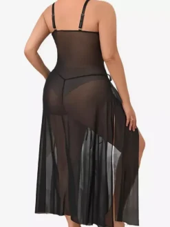 Plus Size Women's Lingerie Black Split Front Mesh Sexy Babydoll