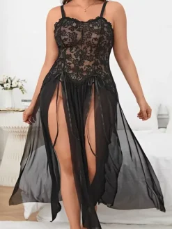 Plus Size Women's Lingerie Black Split Front Mesh Sexy Babydoll
