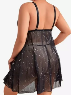 Plus Size Women's Lingerie Sexy Black 2-Piece Mesh Babydoll