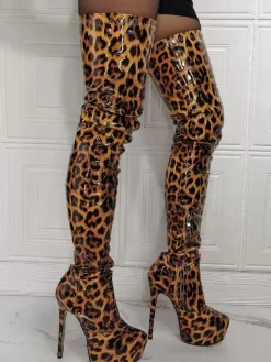 Plus Size Animal Print Platform Thigh High Heel Boots