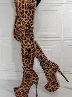 Plus Size Animal Print Platform Thigh High Heel Boots