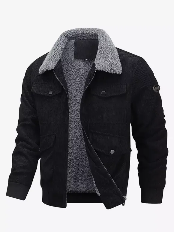 Plus Size Corduroy Jacket For Men Fleece Lining Winter Coat With Four Front Flap Pockets