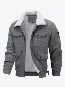 Plus Size Corduroy Jacket For Men Fleece Lining Winter Coat With Four Front Flap Pockets