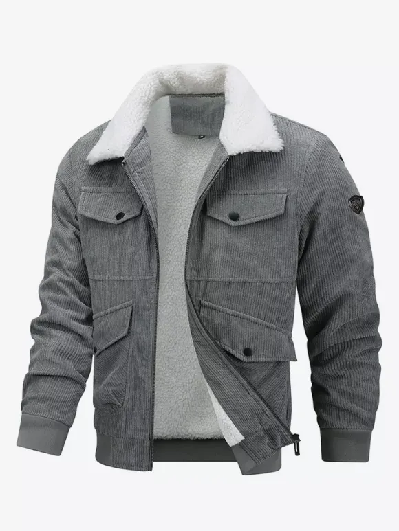 Plus Size Corduroy Jacket For Men Fleece Lining Winter Coat With Four Front Flap Pockets