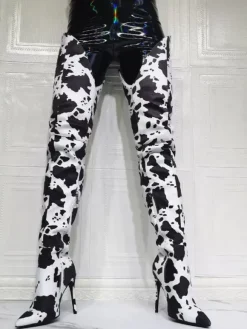 Plus Size Cow Print Thigh High Heel Boots