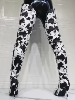 Plus Size Cow Print Thigh High Heel Boots