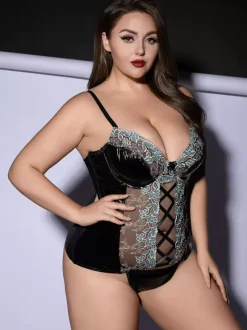 Plus Size Lace Patent Leather Corset Lingerie Set Sheer Mesh With Crisscross