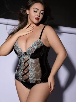 Plus Size Lace Patent Leather Corset Lingerie Set Sheer Mesh With Crisscross