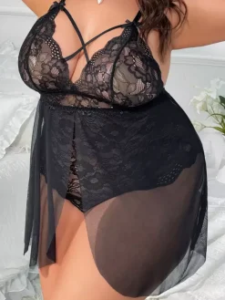 Plus Size Lingerie Lace Babydoll Lace 2-Piece Sleepwear