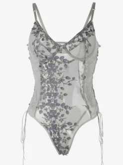 Plus Size Lingerie Lace Up Sheer Light Gray Women Sexy Teddies