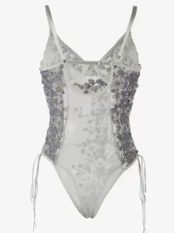 Plus Size Lingerie Lace Up Sheer Light Gray Women Sexy Teddies