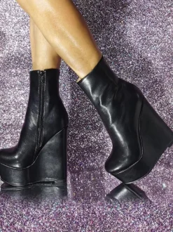 Plus Size PU Leather Round Toe Wedge Heel Ankle Boots