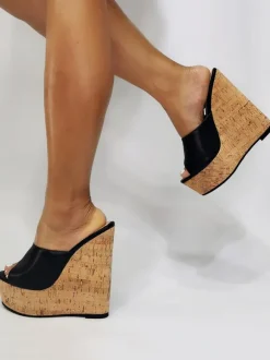 Plus Size Sexy High Heel Sandals Black PU Leather Wedge Heel Sexy Shoes Plus Size Shoes