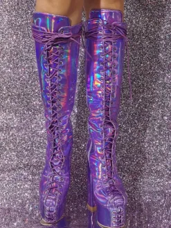 Plus Size Sexy Platform Chunky Heel Knee High Boots Metallic Lace Up Boots