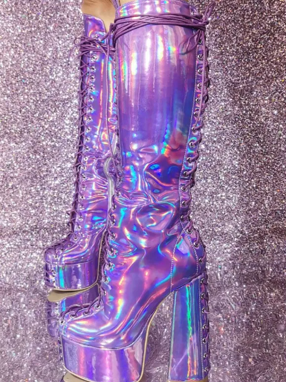 Plus Size Sexy Platform Chunky Heel Knee High Boots Metallic Lace Up Boots