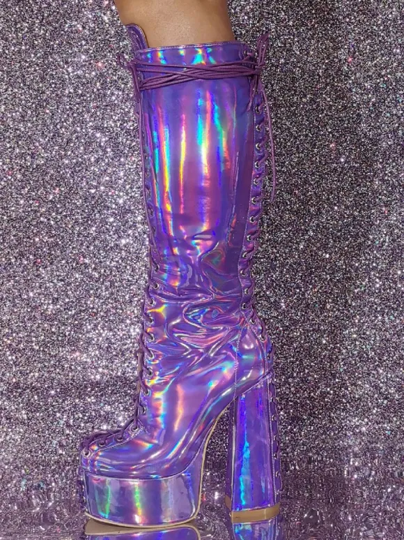 Plus Size Sexy Platform Chunky Heel Knee High Boots Metallic Lace Up Boots