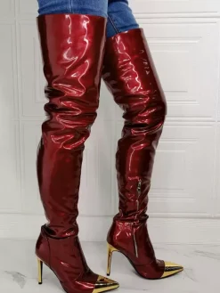 Plus Size Stiletto Heel Thigh High Boots in Burgundy Patent Bright Leather