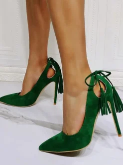 Plus Size Tassel Stiletto Prom Heel Pumps in Green Suede