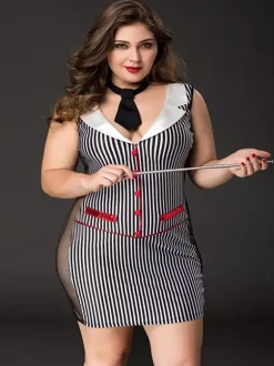 Plus Size Teacher Secretary Costume Dress Shaping Striped Mesh Bodycon