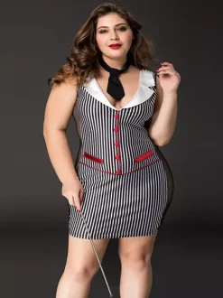 Plus Size Teacher Secretary Costume Dress Shaping Striped Mesh Bodycon