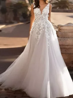 Plus Size Wedding Dresses 2026 Tulle Deep V Neck A Line Sleeveless Multilayer Tulle Lace Applique Classic Bridal Gowns With Train
