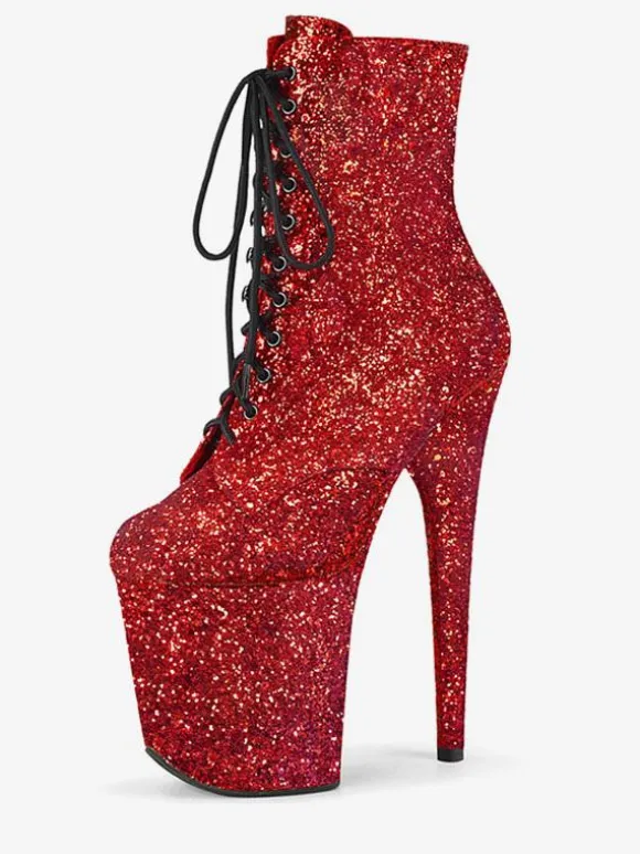Pole Dance Shoes Women's Glitter Lace Up Stiletto Heel Ankle Boots with 4 inch Platform