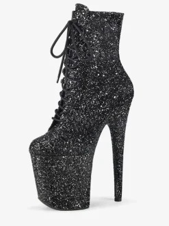 Pole Dance Shoes Women's Glitter Lace Up Stiletto Heel Ankle Boots with 4 inch Platform