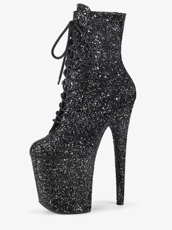Pole Dance Shoes Women's Glitter Lace Up Stiletto Heel Ankle Boots with 4 inch Platform