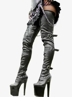 Pole Dance Shoes Women's Sexy Thigh High Boots Lace Up Buckles Platform Sky High Stiletto Heel Boots in Black