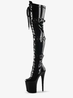 Pole Dance Shoes Women's Sexy Thigh High Boots Lace Up Buckles Platform Sky High Stiletto Heel Boots in Black