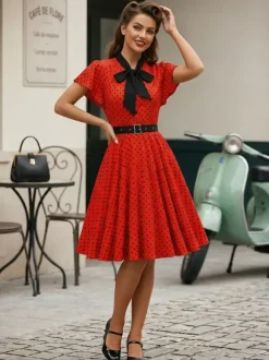 Polka Dot Shirt Dress With Tie And Belt Flutter Sleeve Vintage Midi Dress For Women 2026