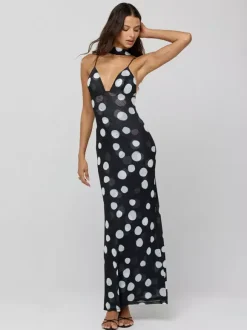Polka Dot Slip Maxi Dress For Women - Vintage Deep V Neck Backless Bodycon Long Dress With Scarf - Summer Party Night 2026