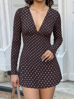 Polka Dot Women's Mini Dress - Chocolate Brown Vintage V Neck Long Sleeve Bodycon - Spring Vacation Party 2026