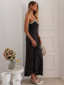 Polka Dot Cami Maxi Dress For Women - French Chic Lace Trim Tie Front Slim Slip Dress - Summer Picnic Party 2026