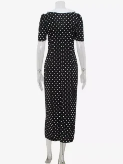 Polka Dot Maxi Dress For Women - Black Vintage Peter Pan Collar Bodycon Pencil Dress - Summer Date Night 2026