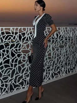 Polka Dot Maxi Dress For Women - Black Vintage Peter Pan Collar Bodycon Pencil Dress - Summer Date Night 2026