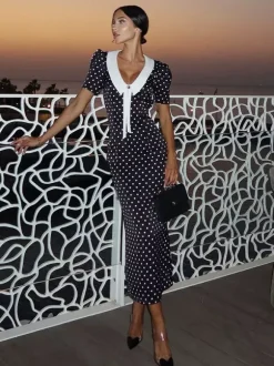 Polka Dot Maxi Dress For Women - Black Vintage Peter Pan Collar Bodycon Pencil Dress - Summer Date Night 2026