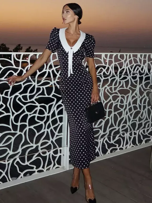 Polka Dot Maxi Dress For Women - Black Vintage Peter Pan Collar Bodycon Pencil Dress - Summer Date Night 2026
