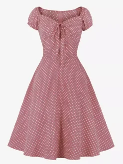Polka Dot Midi Vintage Dress With Puff Sleeve And Front Tie 2026