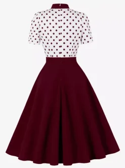 Polka Dot Patchwork Bow Tie Neck Short Sleeve Retro Swing Dress For Women 2026