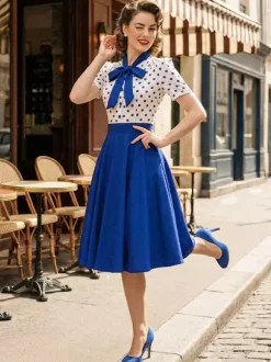 Polka Dot Patchwork Bow Tie Neck Short Sleeve Retro Swing Dress For Women 2026